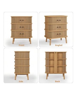 Fluted 3 Drawer Nightstand With Sliding Door, Mid Century Wooden 3 Drawer Dresser, Chest Of Storage Drawer, Side Table For Bedroom