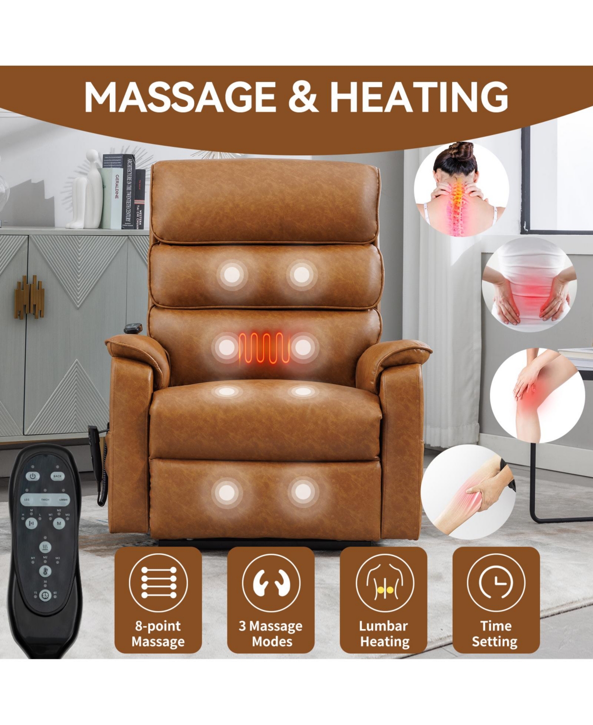 Streamdale Furniture Brown Leatheraire Dual Motor Infinite Position Up to 350 Lbs Power Lift Recliner Chair with Power-Remote, Heat Massage and Heavy