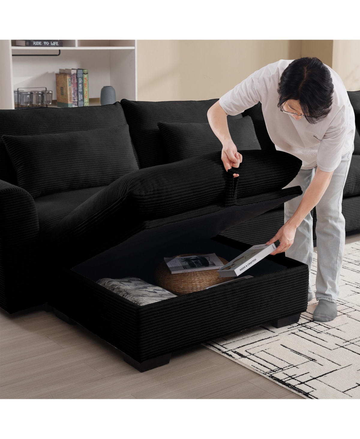 Streamdale Furniture Modern Sofa 2 Seater Corduroy Fabric Sofa with Armrests for Apartment Living Room, Black