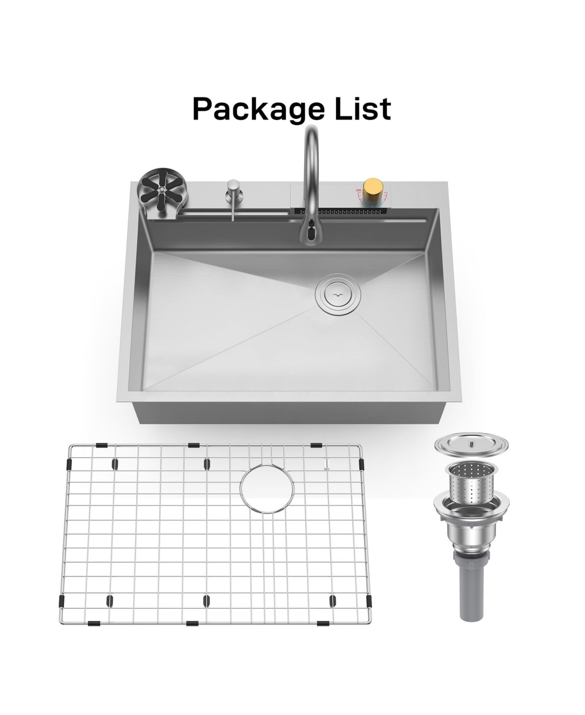 30 Inch Brushed Nickel Waterfall Topmount Kitchen Sink Set - Premium 304 Stainless Steel Single Bowl - Silver