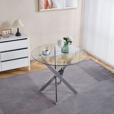 Streamdale Modern Glass Dining Table with Metal Cross Legs