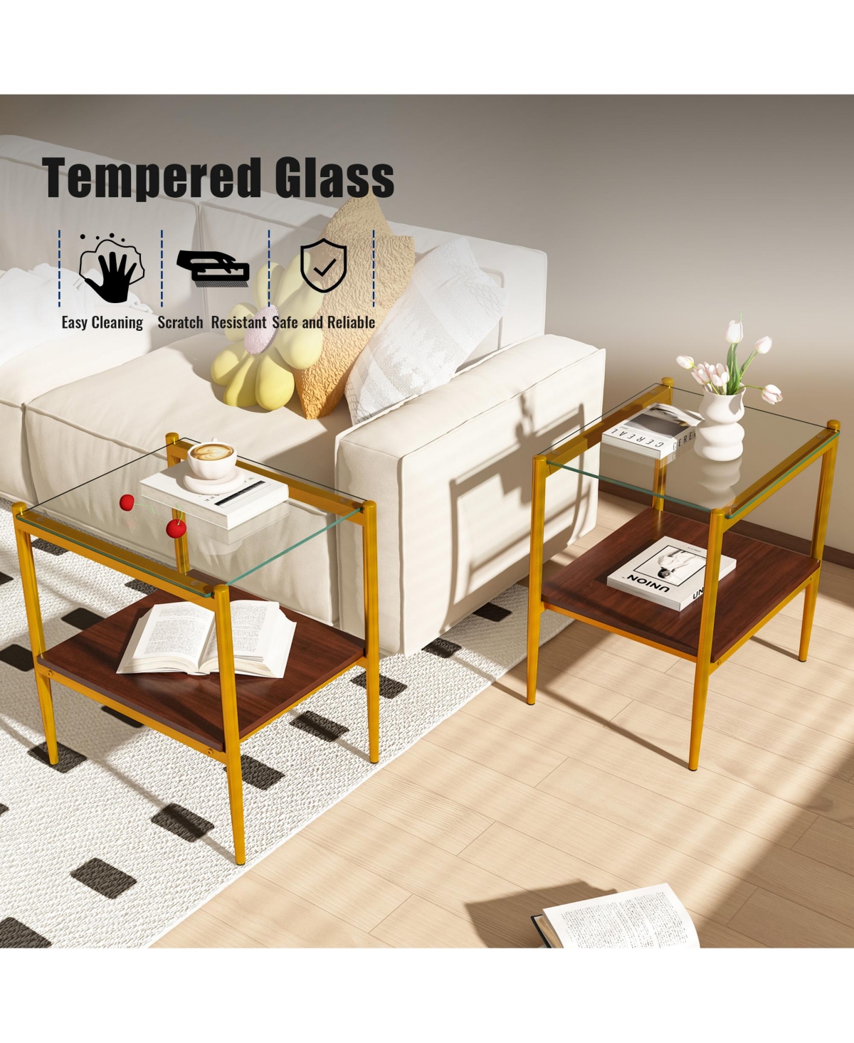 Streamdale Furniture Coffee Table and End tables Set of 3, Tempered Glass Table with Mdf layer, Modern Tables for Living Room,Glass - Tra