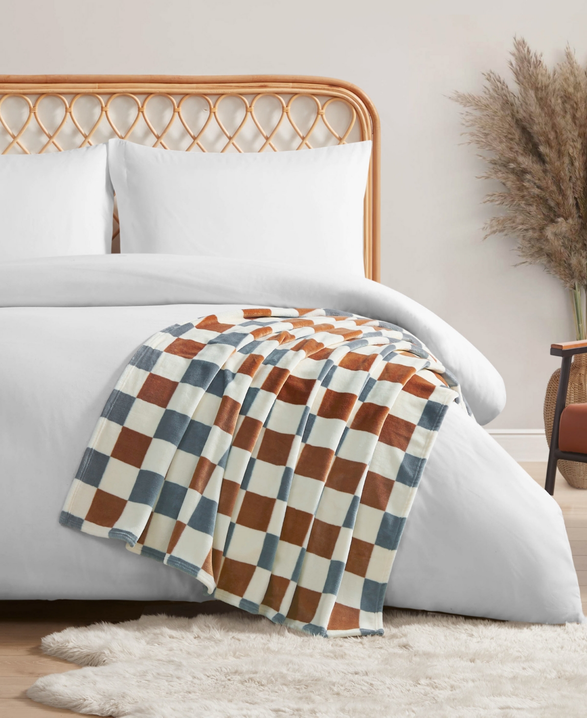 Jessica Simpson Plush Ultra Soft Throw, 50" X 70" In Emery Checkerboard Rust,grey