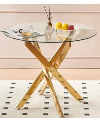 Golden Glass Dining Table with Cross Metal Base