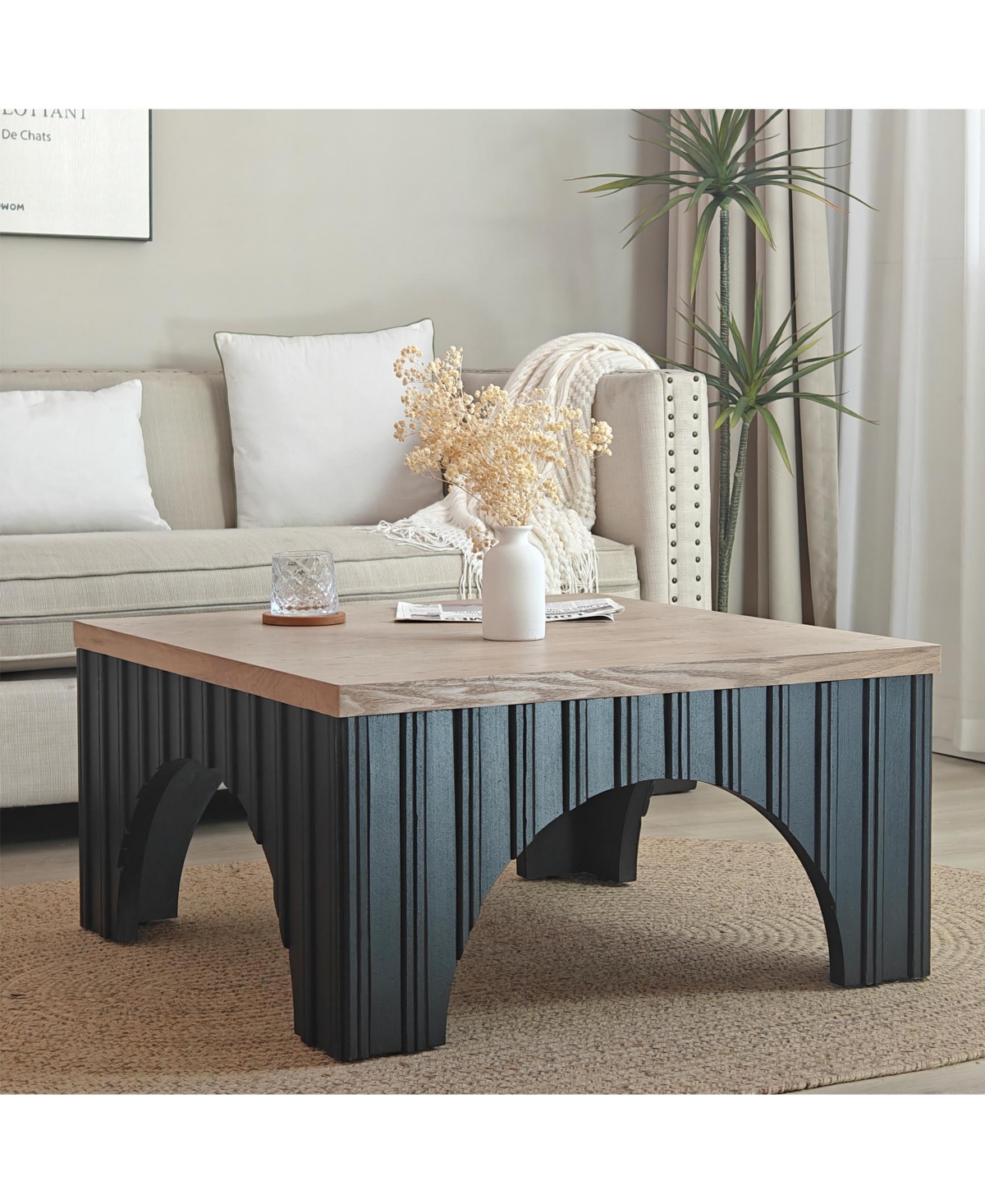 Modern Rustic Wooden Coffee Table with Black Base – Solid Wood Top and Arch Design Legs, Perfect for Living Room, Office, or Lounge
