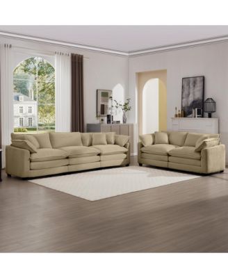 Modern Fabric Living Room Sofa Two Piece Set, Two 2-Seater Sofas with 8 Cushion Upholstery Large Deep Seat Recliner, Tan Corduroy Fabric