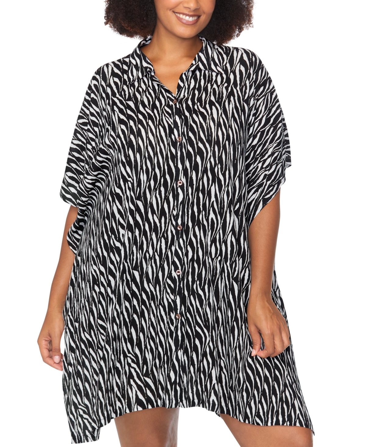 Raisins Curve Trendy Plus Size Vacay Printed Cover-up In Black,white