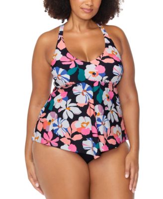 Trendy Plus Size Aviva Floral Underwire Tankini Top Costa Ruched Bikini Bottoms