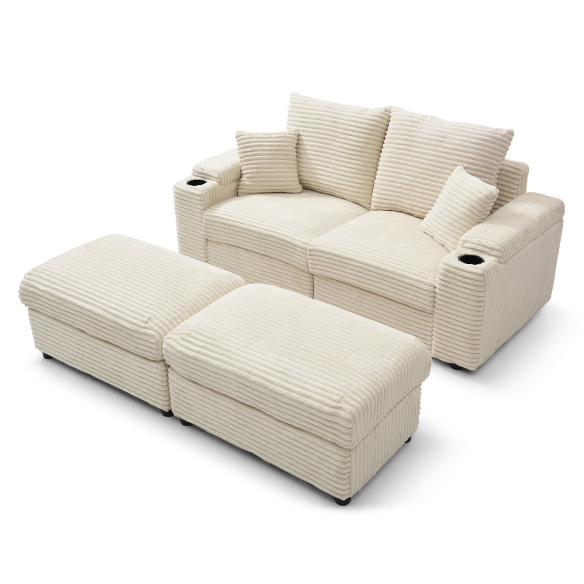 Streamdale Furniture Loveseat with Ottomans,Corduroy Fabric Modular Sectional Sofa,Comfy Deep Plush Couch with Ottomans and Two Pillows,for Small Spac
