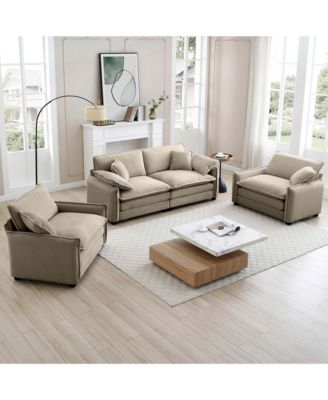 Luxurious and Sophisticated Sofa Set with Soft Cushions and Pillows, Sofa Set for Living Rooms and Clubs as well as Home Theaters, Consisting of Two Single Sofas and a 2-Seaters Sofas in Tan Corduroy