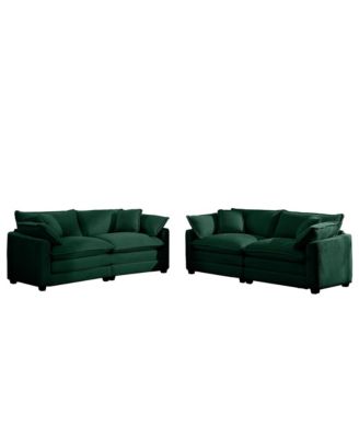 Modern Fabric Living Room Sofa Two Piece Set, Two 2-Seater Sofas with 8 Cushion Upholstery Large Deep Seat Recliner, Green Corduroy Fabric