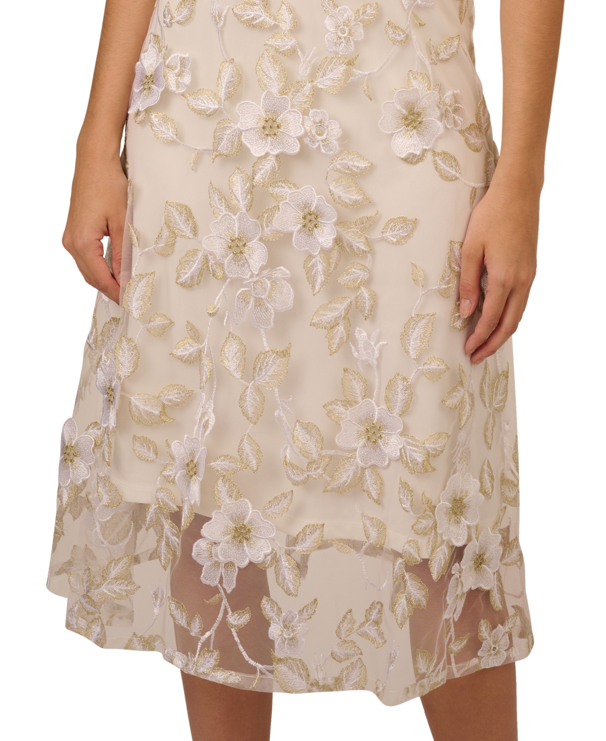ADRIANNA PAPELL WOMEN'S FLORAL EMBROIDERY ILLUSION FIT & FLARE MIDI DRESS 