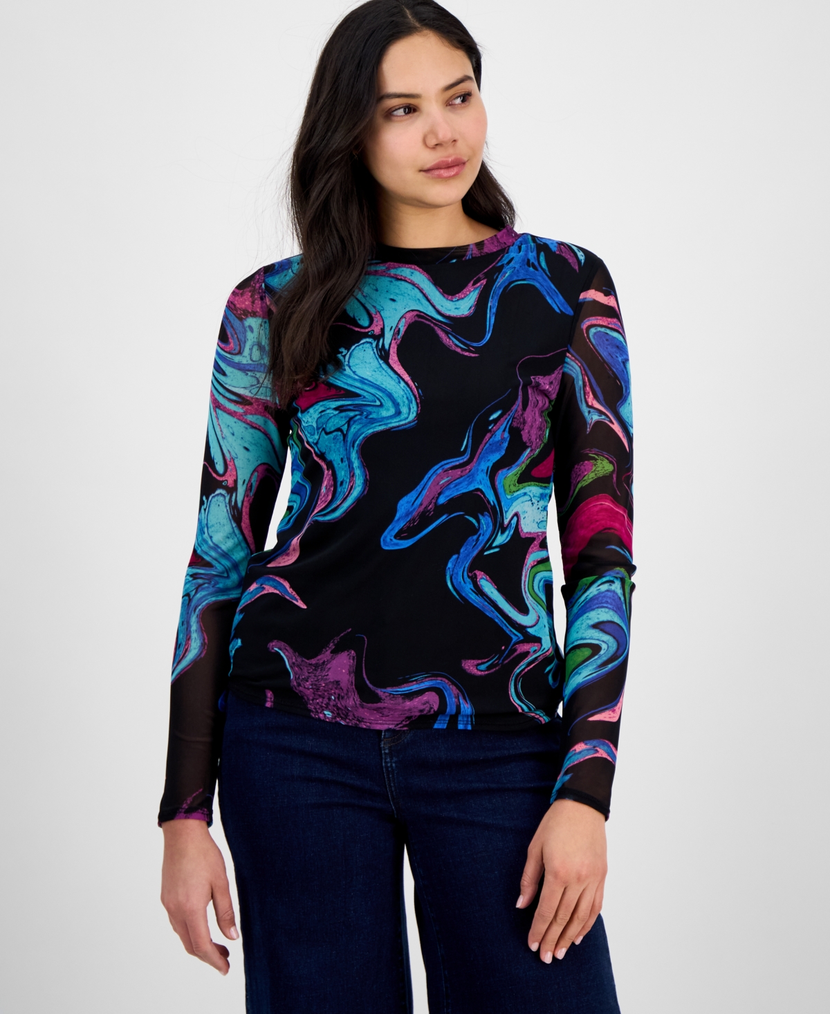 Women's Long-Sleeve Mesh Crewneck Top, Exclusively at Macy's - Tara Rose