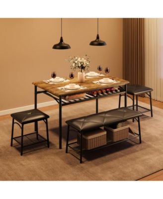 Dining Table with Benches, Kitchen Table Set for 4, Dining Room Table Set with Upholstered Bench and Square Stools, Metal and Wood Dining Table Set for 4 with Storage for Small Space-Vintage