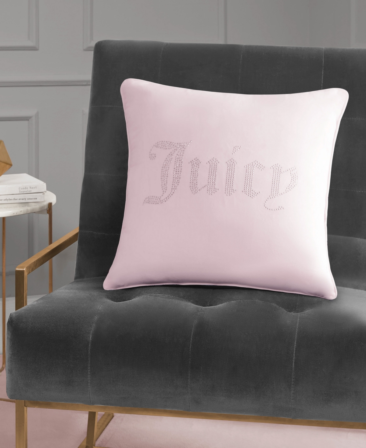 Juicy Couture Rhinestone Logo Decorative Pillow, 20" X 20" In Marshmallow Pink