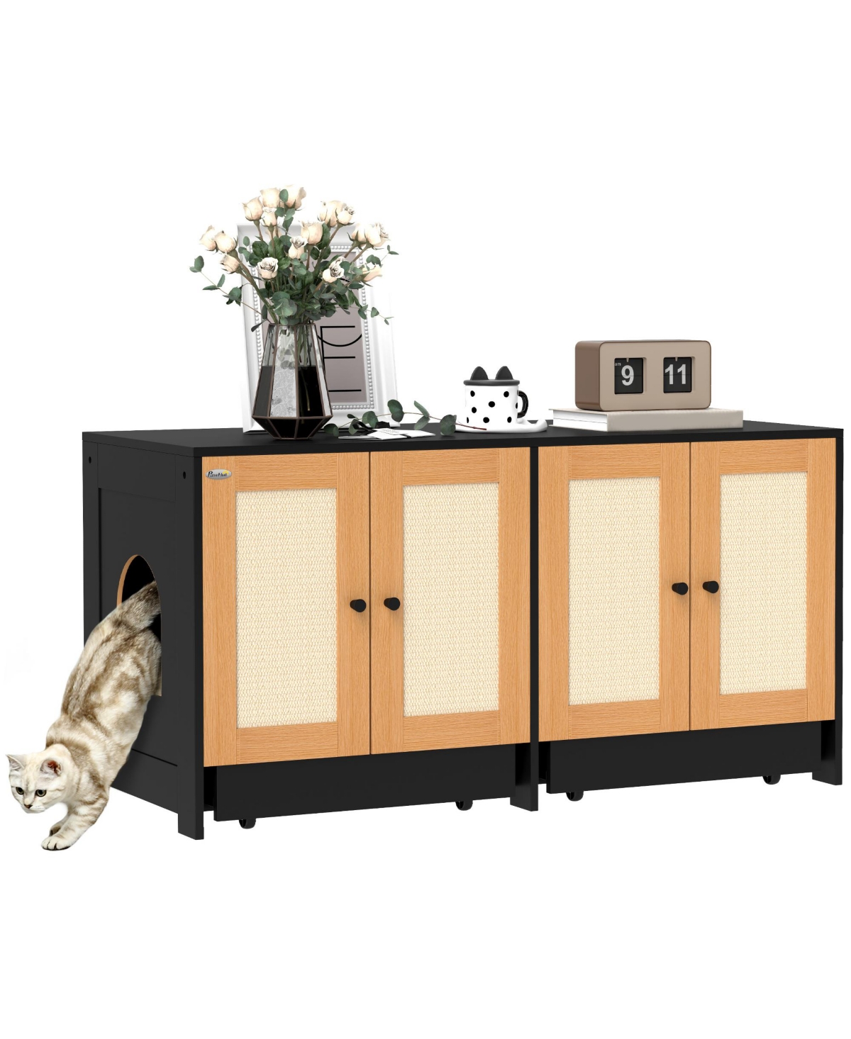 Cat Litter Box Enclosure w/ 2 Cabinets, Scratching Mats, Trays - Black
