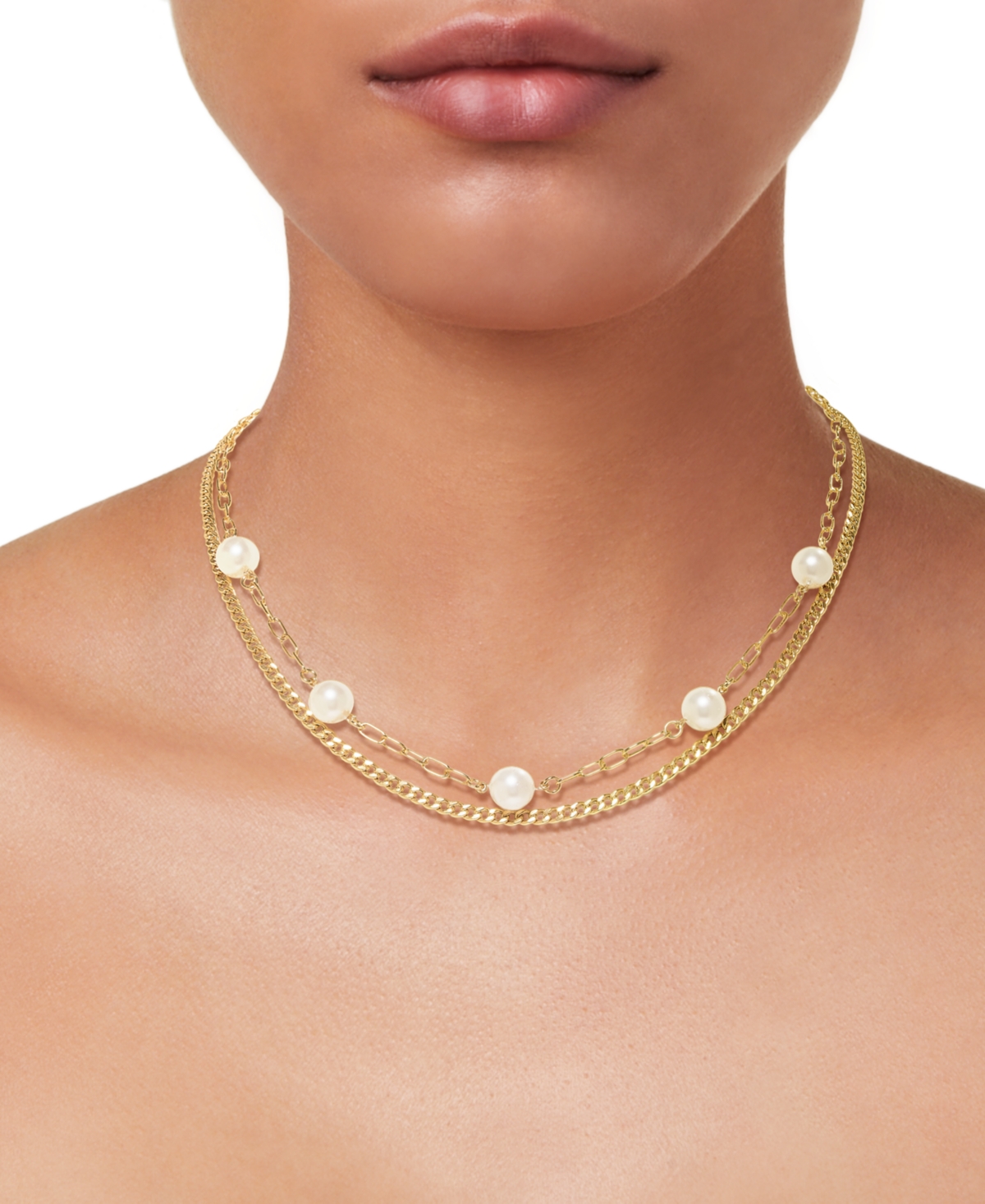 Macy's Cultured Freshwater Pearl (6.5-7mm) Paperclip & Curb Link 2-row Necklace In 14k Gold Over Sterling S In Gold Over Silver
