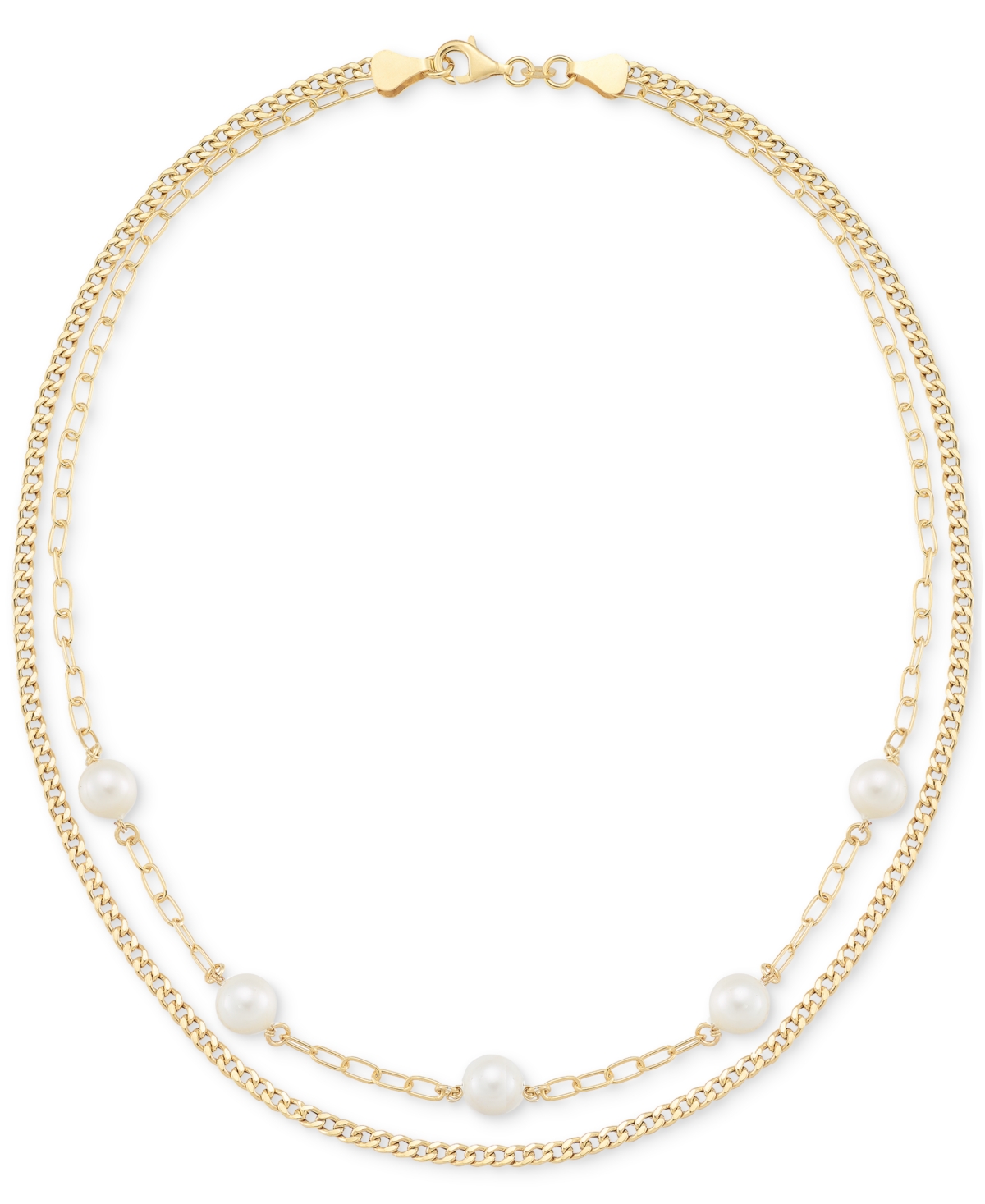 Macy's Cultured Freshwater Pearl (6.5-7mm) Paperclip & Curb Link 2-row Necklace In 14k Gold Over Sterling S In Gold Over Silver