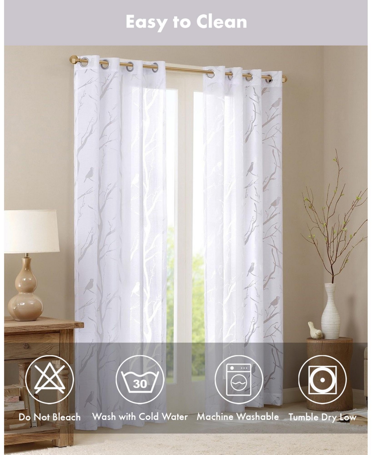 Madison Park Averil Grommet Top Sheer Window Curtain, grey sheer curtains 95 inches long Single Curtain, Width 50 Bird on Branches Burnout curtains sh