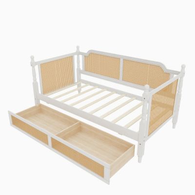 Traditional Style Rattan Twin Size Daybed with 2 Drawers for Limited Space, Guest Room, No Box Spring Needed