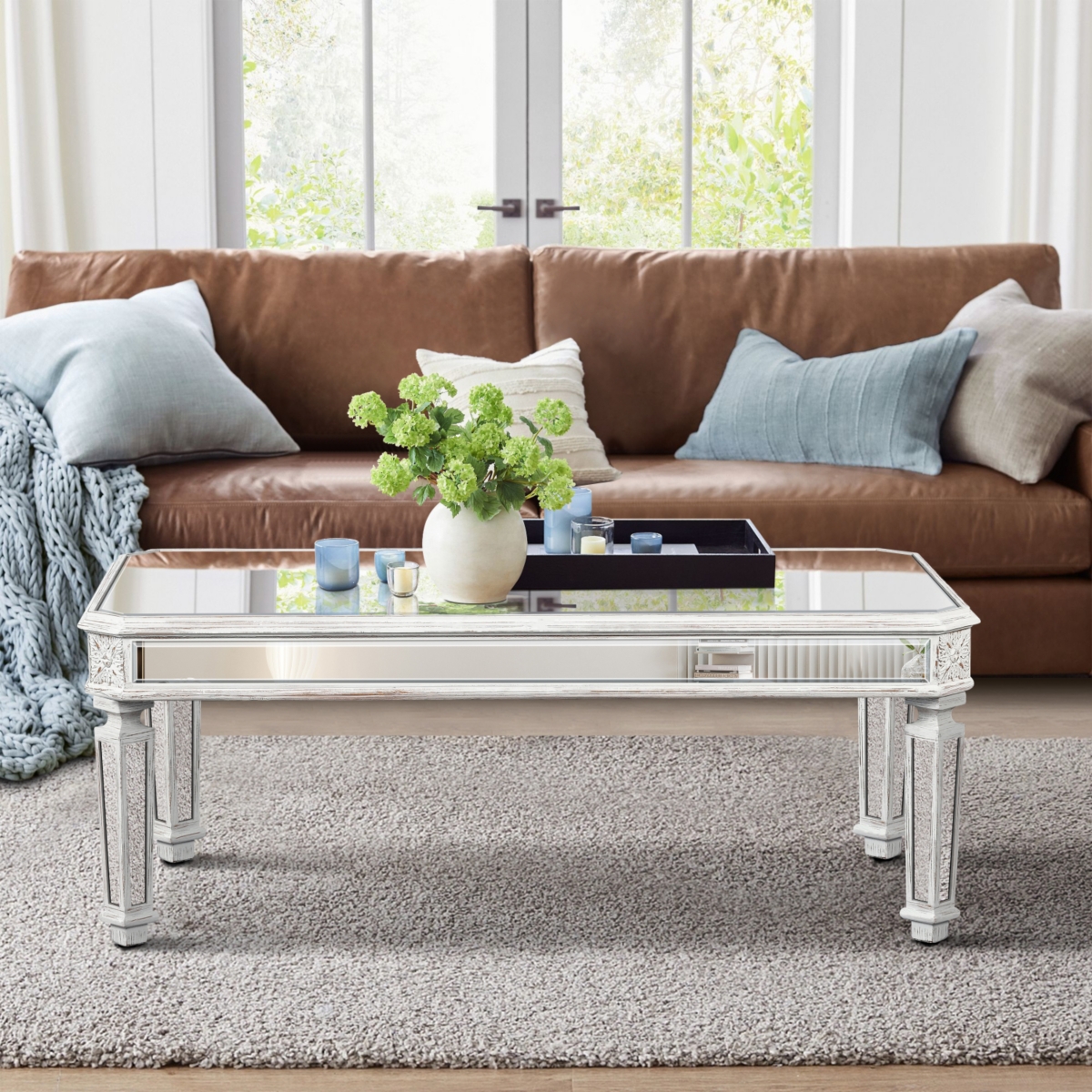 Streamdale Furniture Silver Mirrored Coffee Table, Vintage Carved Elements, Rectangle Glass Tea Table with Mirrored Finish, Modern Center Table for Li