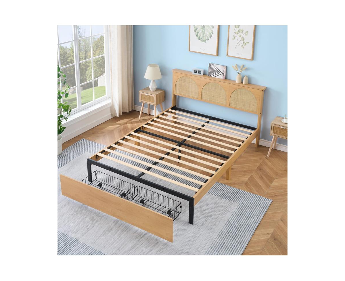 gaomon Rattan Size Bed Frame with Natural Rattan Headboard and Storage Drawers, Bed Frame with Led Strips and Strong Woode Slats Support, Be