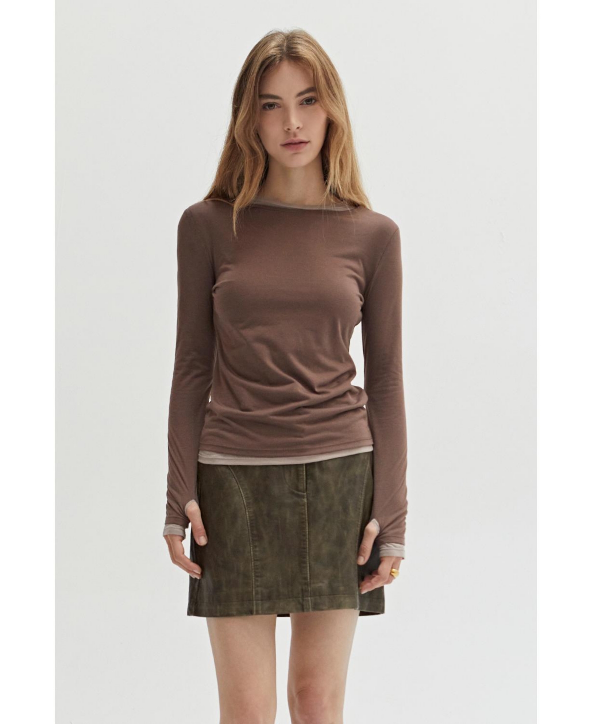 Women's Octavia Two in One Long Sleeve Top - Brown + Espresso