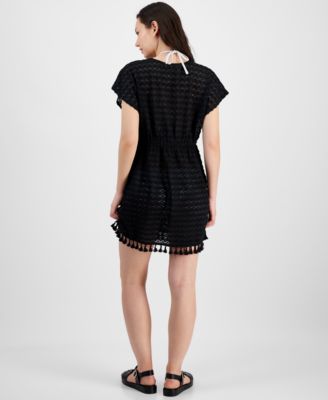 Women's Crochet Tassel-Trimmed Tie-Front Kimono Cover-Up