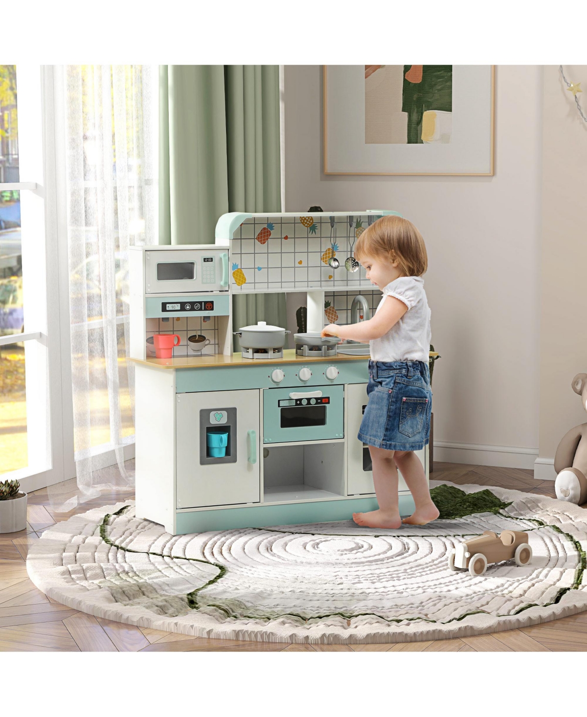 Qaba Play Kitchen with Machine, Ice Maker, Stove, Microwave