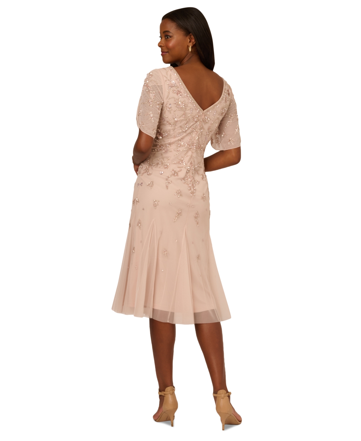 ADRIANNA PAPELL WOMEN'S BEADED MESH GODET MIDI DRESS