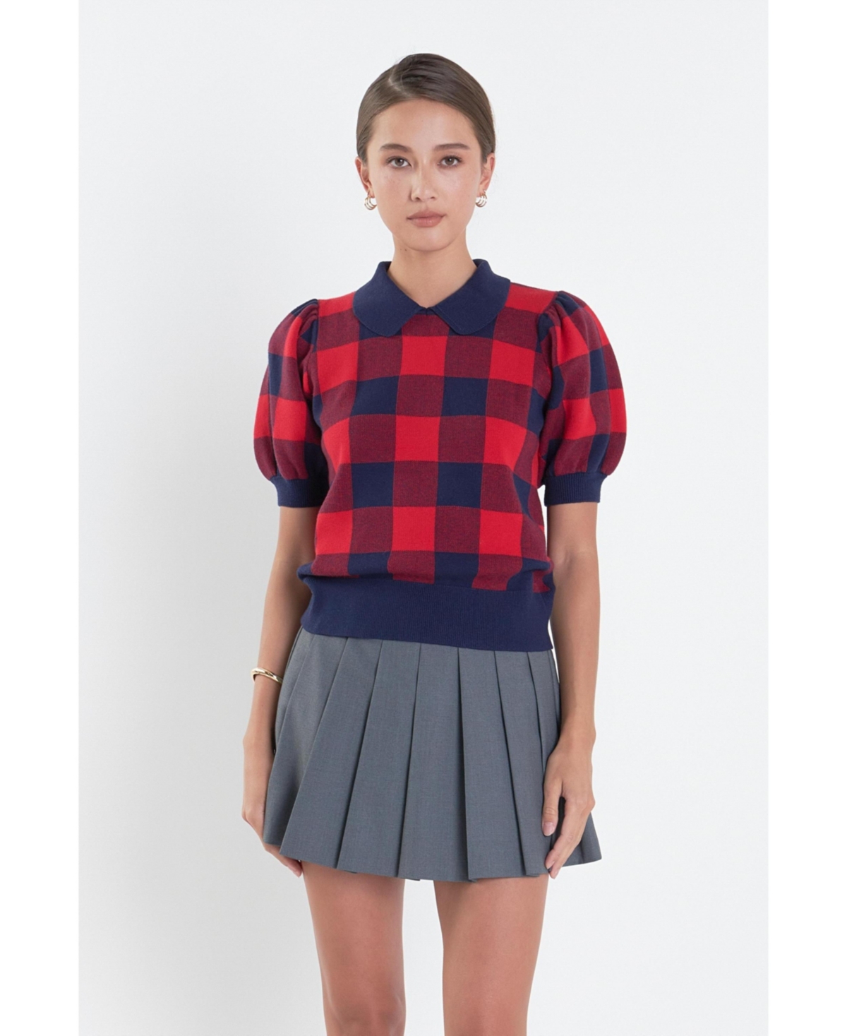 English Factory Women's Gingham Collar Knit Top -red
