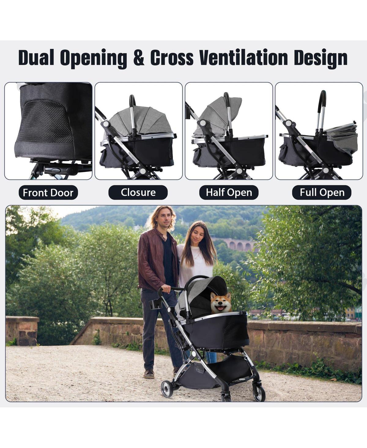 Slickblue Gray Foldable Pet Stroller with Telescopic Handle and 33 lbs Capacity - 3 in 1 Design - Grey  Black