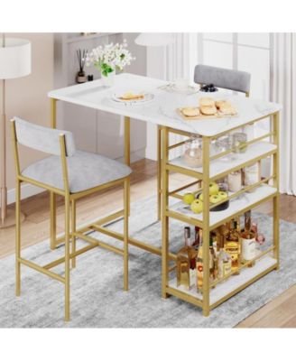 2-Person Dining Table Set with Wine Rack, Metal Frame, Modern Rectangular Table and 2 Chairs for Small Spaces and Apartments