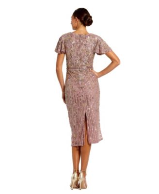 Women's Embellished Faux Wrap Flutter Sleeve Dress