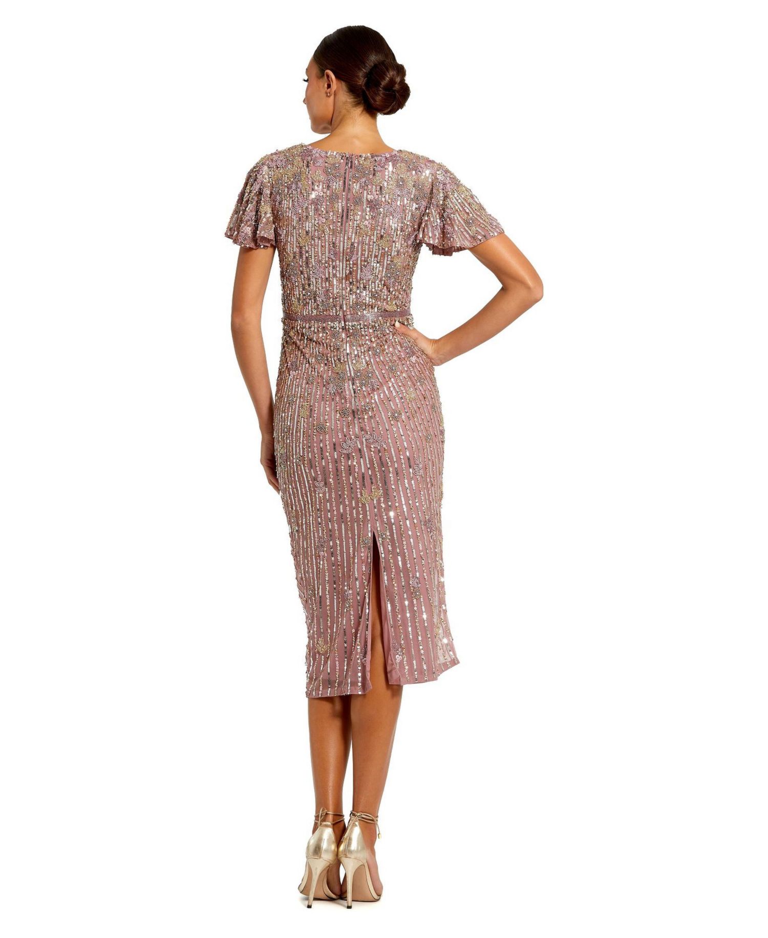 Women's Embellished Faux Wrap Flutter Sleeve Dress