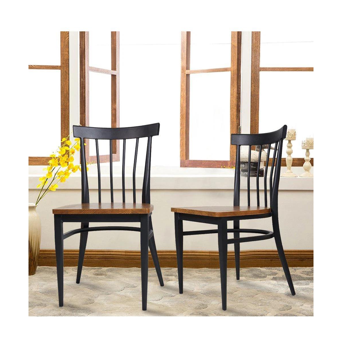 Slickblue Slat Back Dining Chairs Set of 2 Metal Leg Side Chairs with Sturdy Wood Seats - Brown