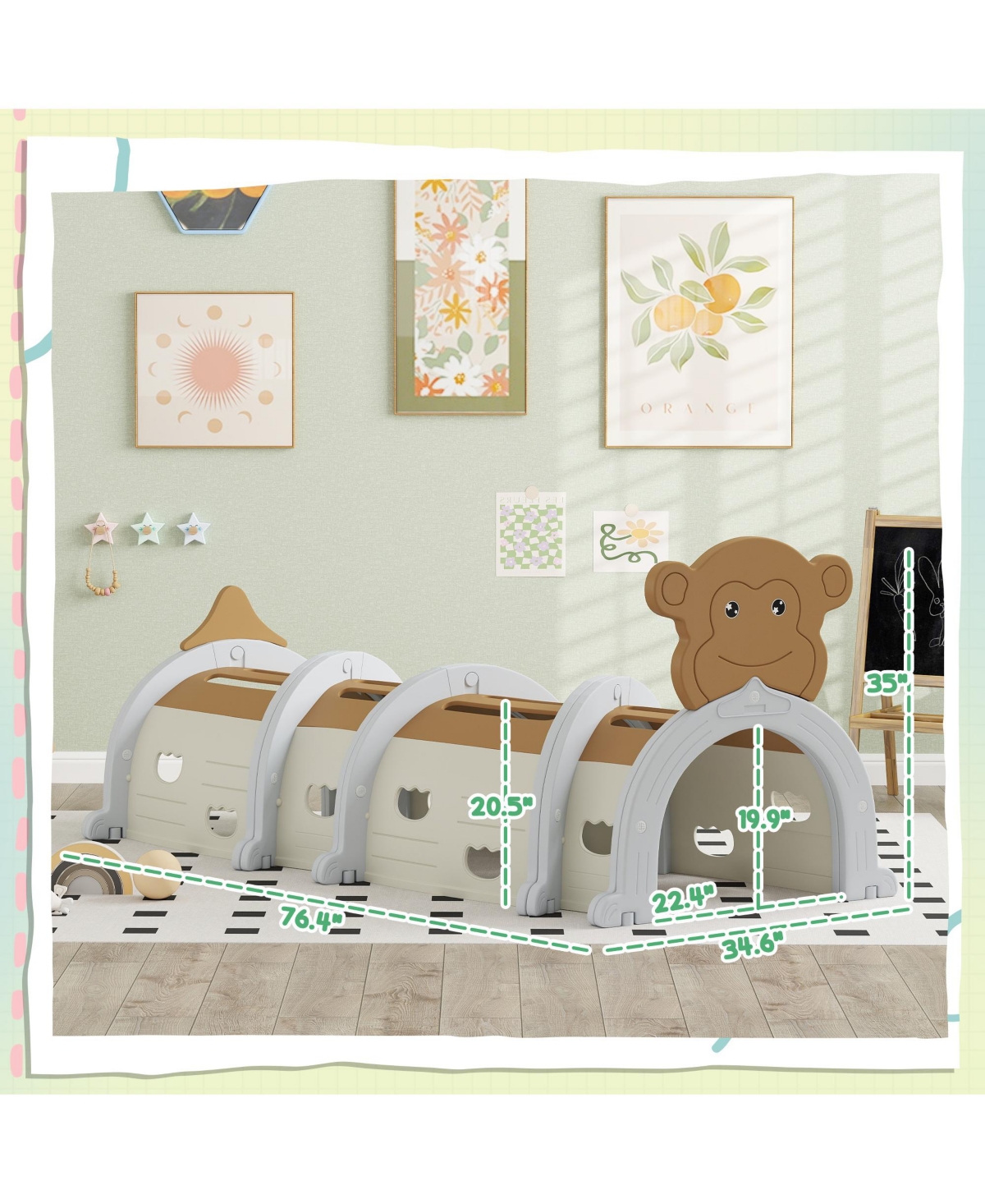 Qaba Kids Play Tunnel for Children 3-6 Years to Crawl and Climb, Monkey Design