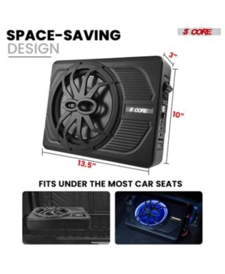10 inch Slim Under Seat Car Audio Subwoofer 800W Peak 150W RMS Active Powered Under-Seat Built in Amplifier Truck Sub Woofer in Enclosure Box Blue Ambient LED Light + Wiring Kit & Remote Control