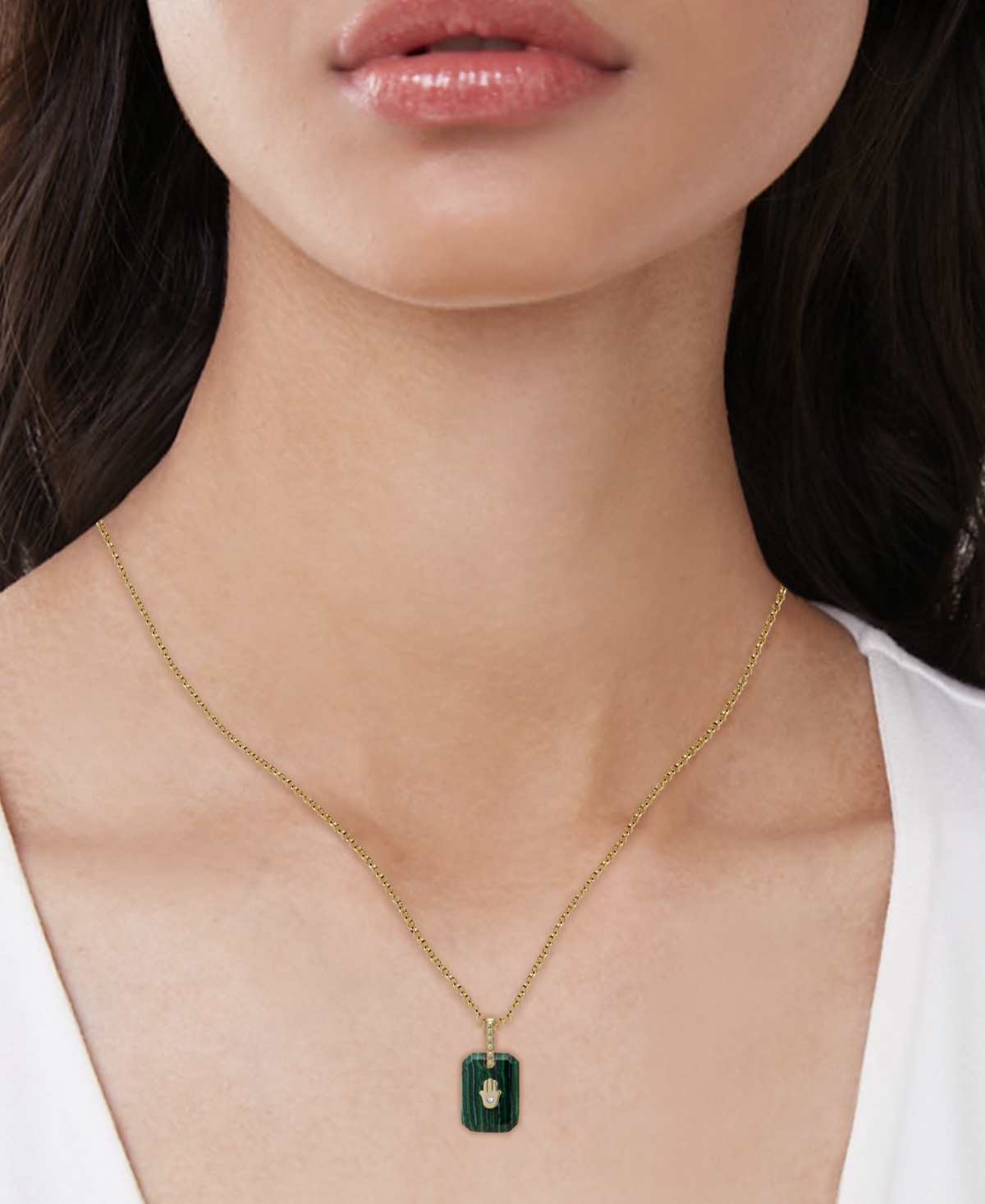 MACY'S MALACHITE & LAB-GROWN WHITE SAPPHIRE (1-5/8 CT. T.W.) HAMSA PENDANT NECKLACE IN 14K GOLD OVER STERLI 