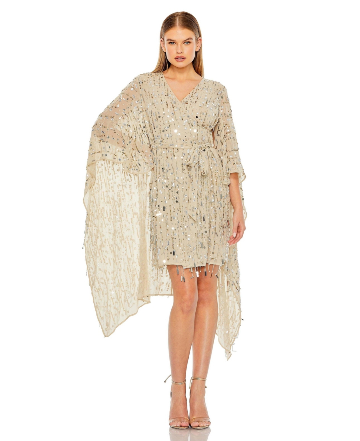 Mac Duggal Women's Cape Back Fringe Beaded Robe Dress