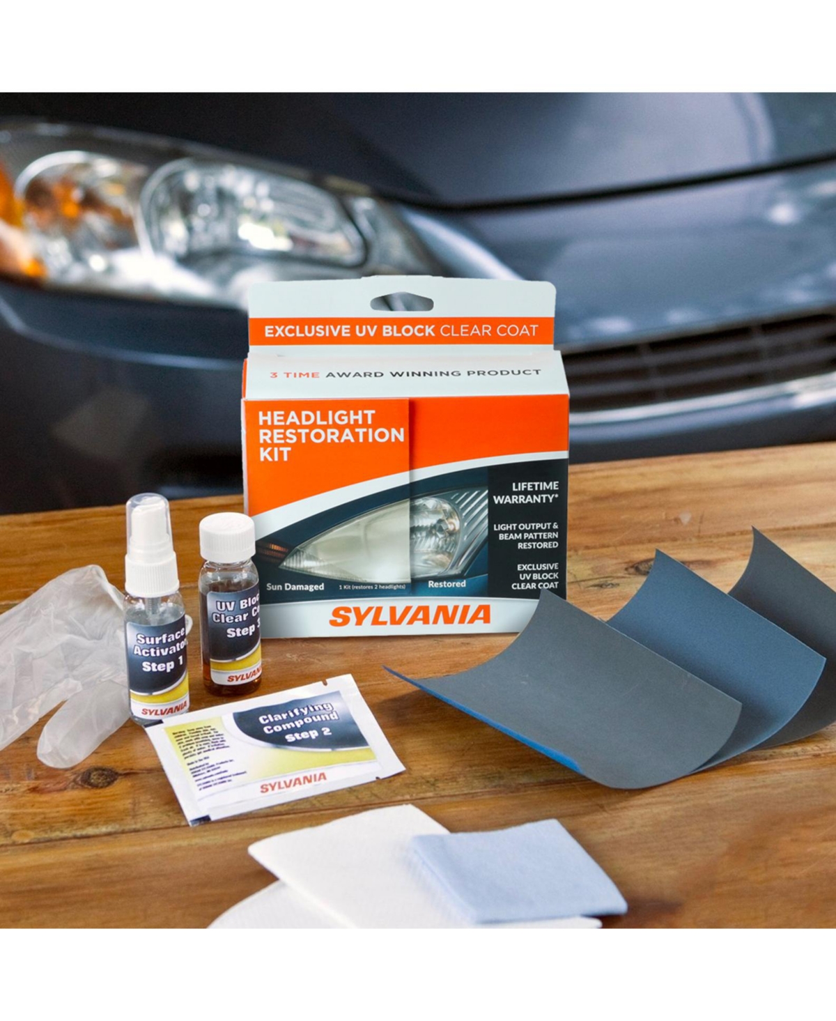 Sylvania Headlight Restoration Kit - 3 Easy Steps to Restore Sun Damaged Headlights with Exclusive Uv Block Clear Coat, Light Output and Beam Pattern