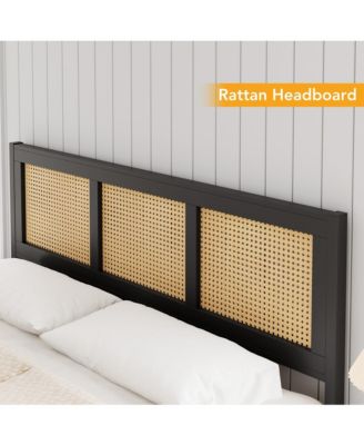Queen Size Rattan Bed Frame with Headboard, Boho Cane Platform Bed Frame with Strong Metal Slat