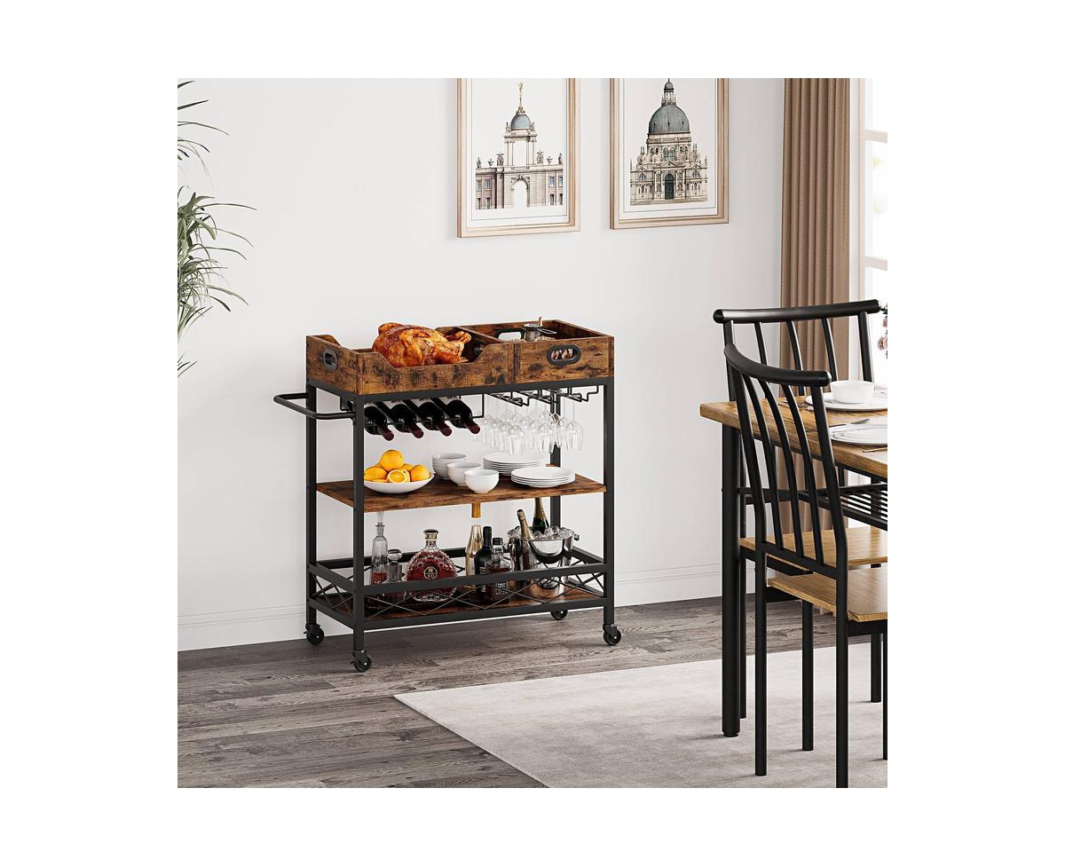 gaomon Bar Carts for The Home with 2 Portable Trays, 3 Tier Bar Cart with Wheels, Mobile Kitchen Shelf with Wine Rack and Glass Holder, Industrial Ser