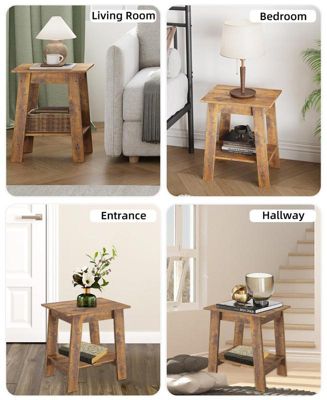 Set of 2 Wood End Tables with 2-Tier Storage Shelf – Rustic Narrow Side Tables