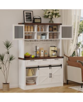 Farmhouse Bar Cabinet with Sliding Barn Door, Tall Kitchen Buffet Hutch Cabinet with Wine & Glasses Rack, Rustic Coffee Bar Sideboard for Living Room, Dining Room