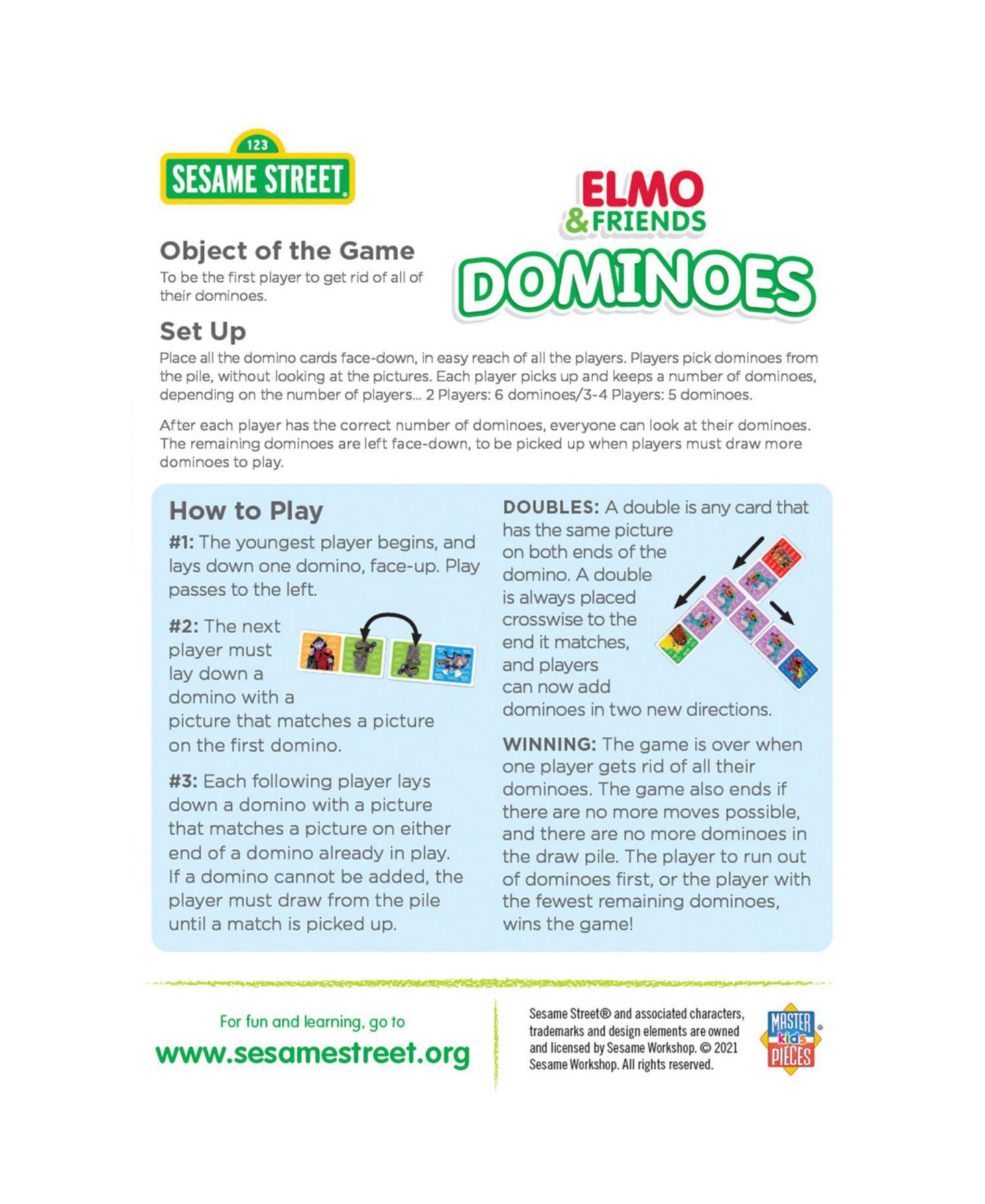 Детские игрушки MasterPieces Puzzles Sesame Street Elmo & Friends Matching Picture Dominoes, 28-Piece, Ages 3+, цвет: Разноцветный — фото 3