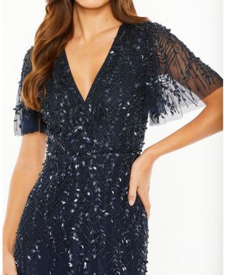 Women's Beaded Wrap Over Butterfly Sleeve Column Dress