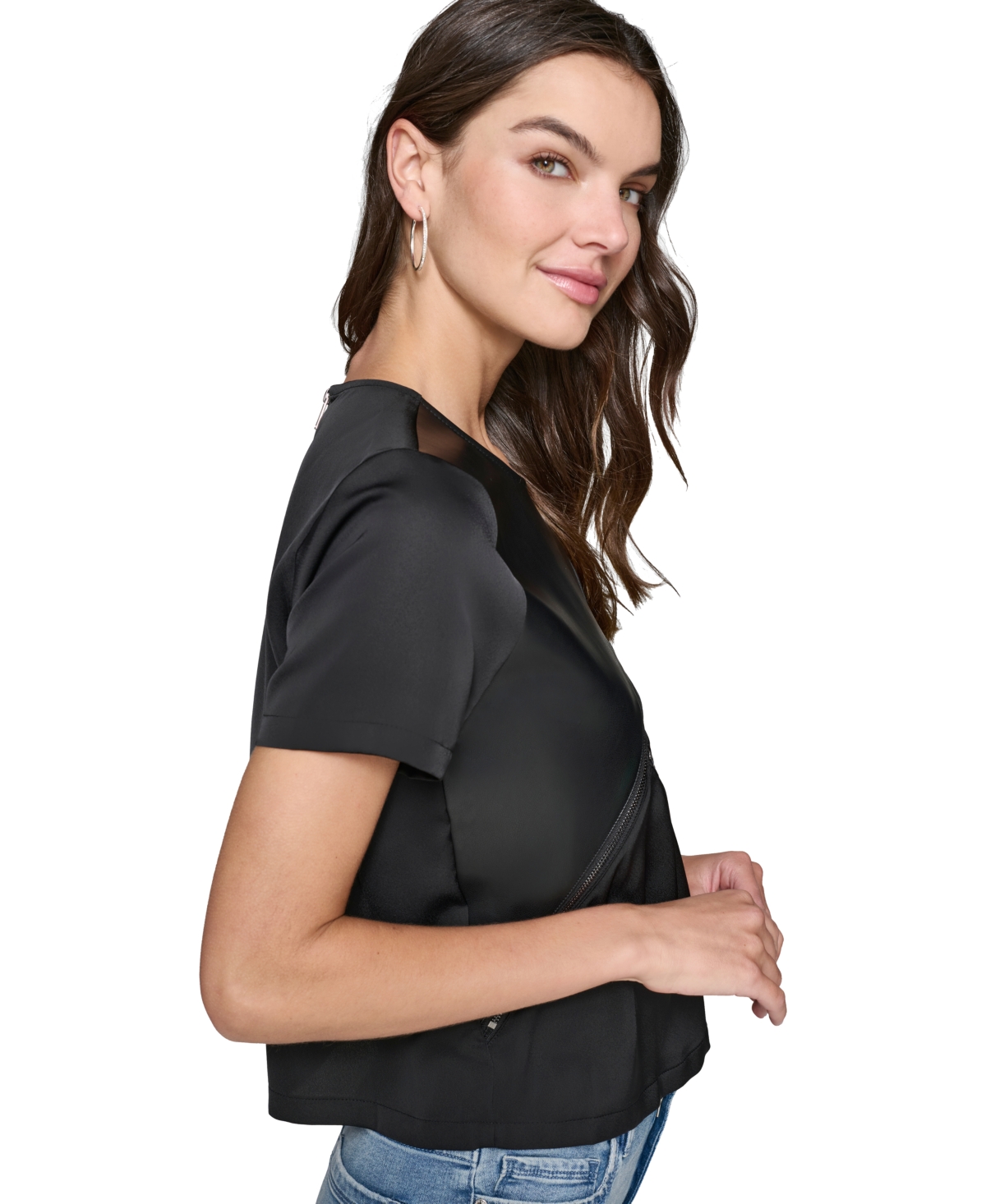 Karl Lagerfeld Paris Women's Faux-Leather Accented Short-Sleeve Top