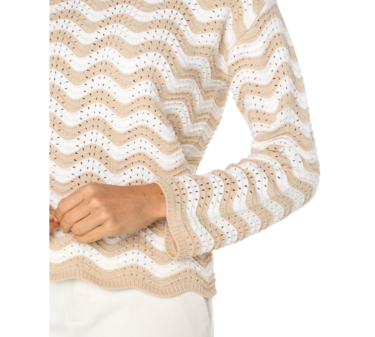Liverpool Los Angeles Wavy Stripe Pointelle Cotton Blend Sweater In Tan Ivory Stripe