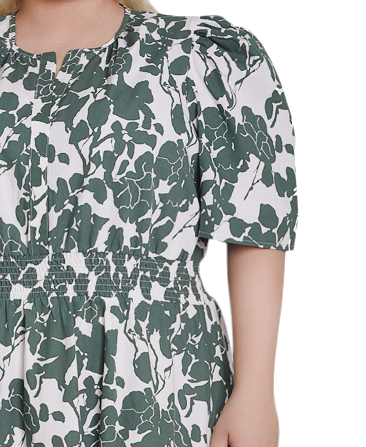 Ny Collection Plus Size Puff Sleeve Poplin Dress In Green Ivory Floral